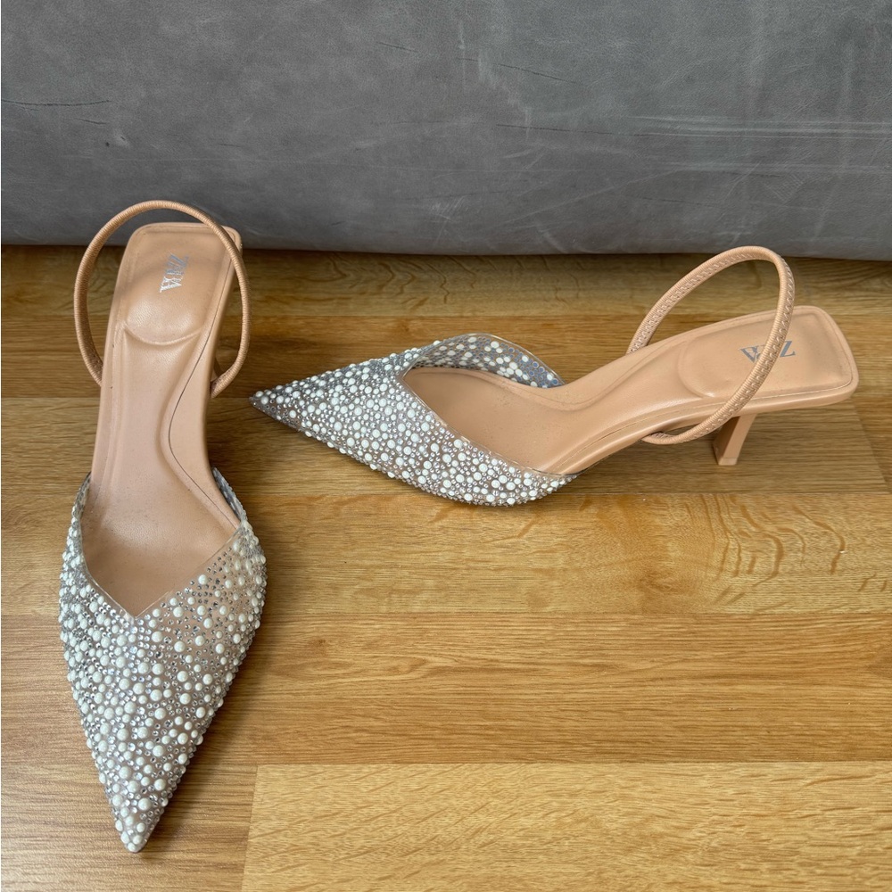 Zara embellished pointed toe slingback kitten heel 38 7.5